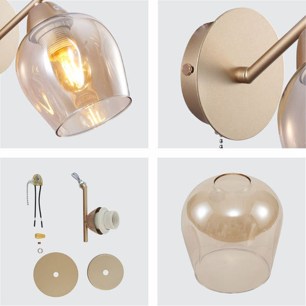 Amber Glass Metallic Gold Branch Twig Modern Wall Light E27 Fitting and Pull Down Switch