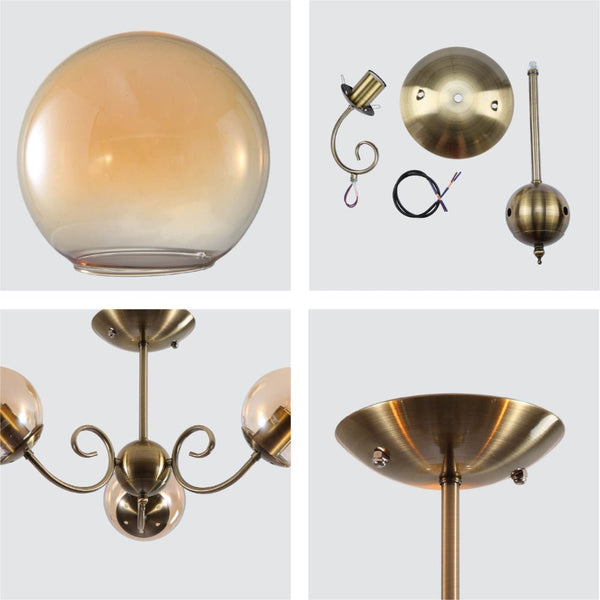 Amber Globe Glass Antique Brass Metal Body Vintage Retro Crystal Ceiling Light E27 Fittings