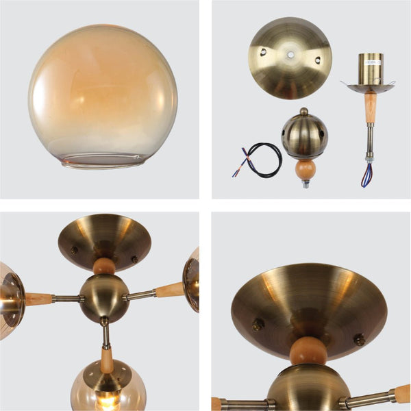 Amber Globe Glass Antique Brass Metal Wood Body Vintage Retro Molecule Ceiling Light E27 Fittings