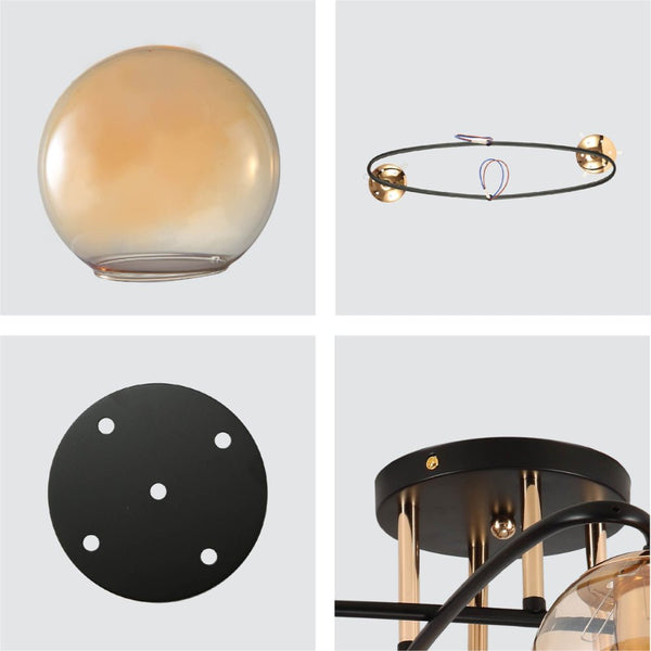 Amber Globe Glass Black Ellipse Metal Modern Semi Flush Ceiling Light E27