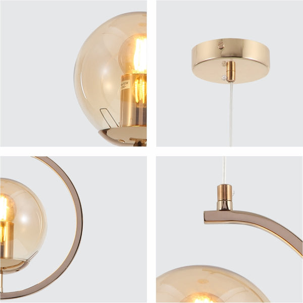 Amber or Smoky Glass Globe Crescent Gold or Chrome Metal Modern Ceiling Pendant Light