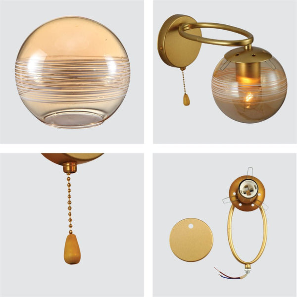 Amber Globe Glass Gold Ellipse Metal Body Modern Wall Light with Pull Down Switch E27 Fitting