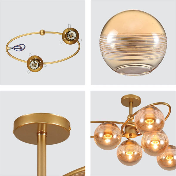 Amber Globe Glass Gold Ellipse Metal Body Semi Flush Modern Ceiling Light with E27 Fittings