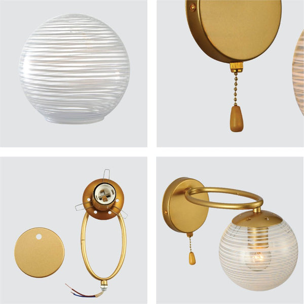 Clear Globe Glass Gold Metal Ellipse Vintage Retro Wall Light with Pull Down Switch E27 Fitting