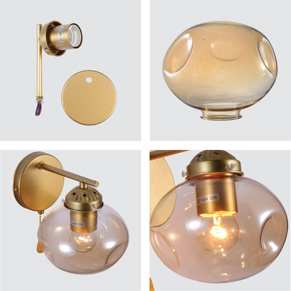Amber Globe Glass Gold Metal Vintage Retro Wall Light with Pull Down Switch E27 Fitting