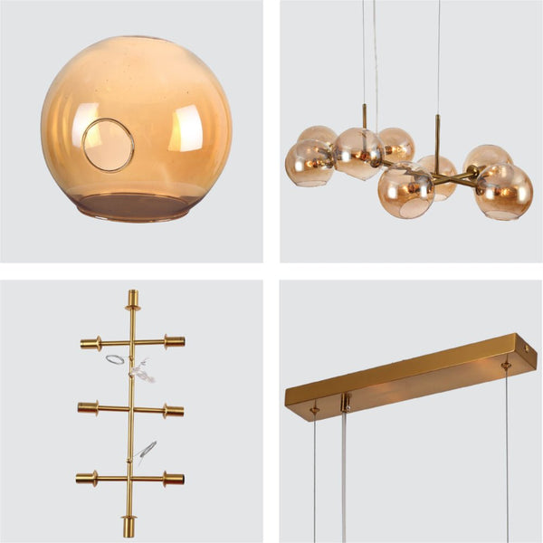 Amber Globe Glasses Gold Metal Body Kitchen Island Chandelier Ceiling Light 8xE14 Fittings