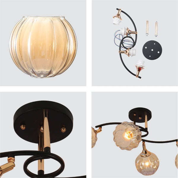 Amber Reeded Globe Glass Black Gold Metal Body Vintage Retro Semi Flush Ceiling Light E27 Fittings