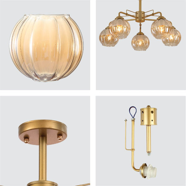 Amber Reeded Globe Glass Gold Metal Industrial Vintage Retro Semi Flush Ceiling Light E27 Fittings