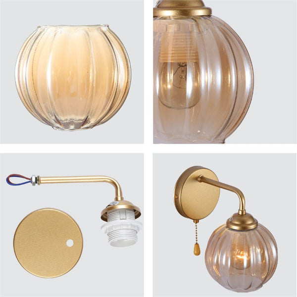 Reeded Glass Wall Light with Pull Down Switch E27 Fitting