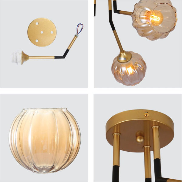 Amber Reeded Globe Glass Gold Metal Vintage Retro Semi Flush Ceiling Light E27 Fittings