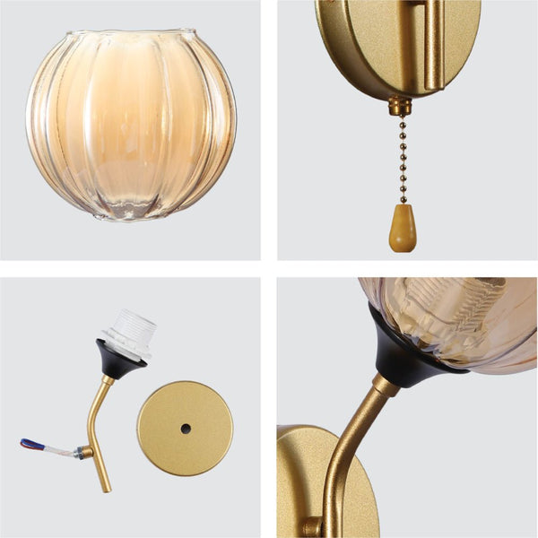 Amber Reeded Globe Glass Gold Metal Vintage Retro Wall Light with Pull Down Switch E27 Fitting