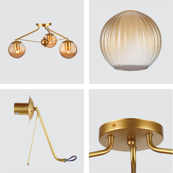 Amber Reeded Globe Gold Semi Flush Ceiling Light E27