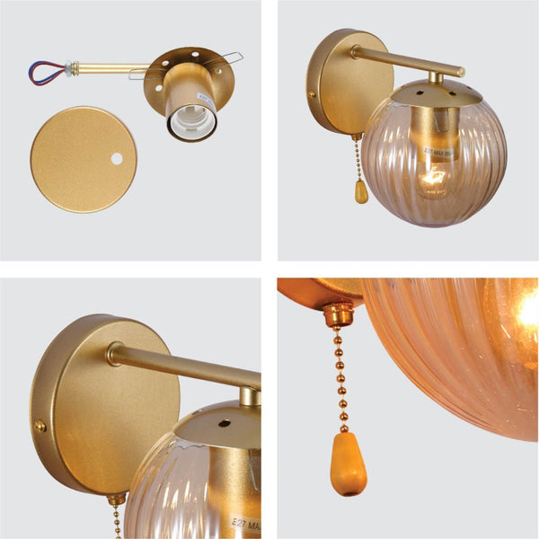 Amber Reeded Globe Gold Wall Light E27 Pull Down Switch