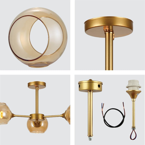 Amber Sides Open Globe Glass Gold Semi Flush Ceiling Light E27