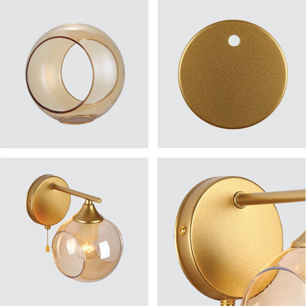 Amber Sides Open Globe Glass Gold Wall Light E27 Pull Down Switch