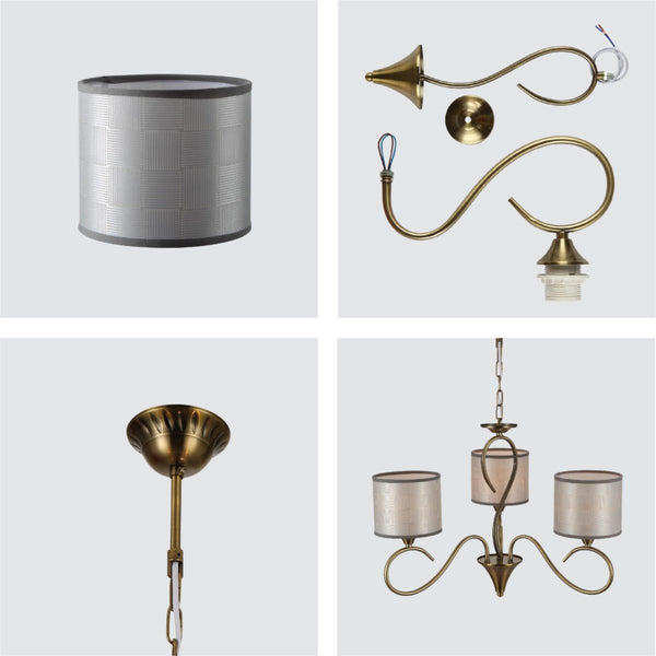 Antique Brass Arm Grey Cylinder Shaded Candle Vintage Chandelier Ceiling Light E27 Fittings