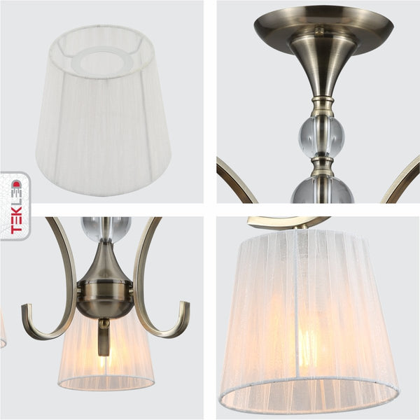 Antique Brass Metal Body Rice White Fabric Shaded Vintage Traditional Retro Ceiling Chandelier Light E27