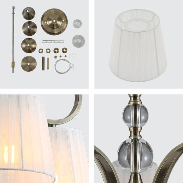 Antique Brass Metal Body Rice White Fabric Shaded Vintage Traditional Retro Ceiling Chandelier Light E27