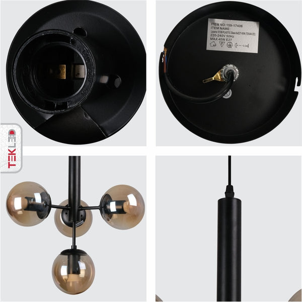 Atom Model Globe Glass Black Metal Body Chandelier Ceiling Pendant Light E27