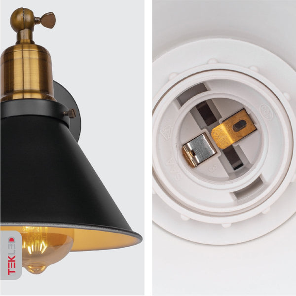 Black Antique Brass Metal Funnel Hinged Wall Light E27 Fitting