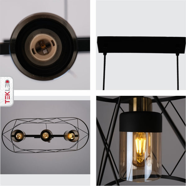 Black Cage Metal Amber Cylinder Glass Island Chandelier Ceiling Light 3xE27s