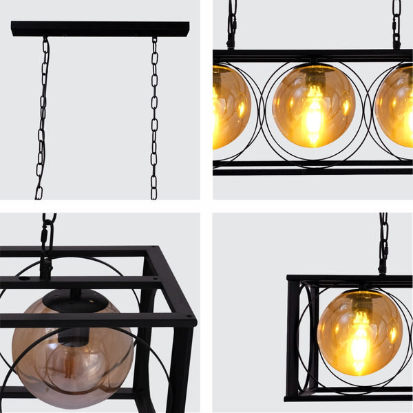 Black Cuboid Metal Amber Globe Glass Island Chandelier Ceiling Light 3xE27