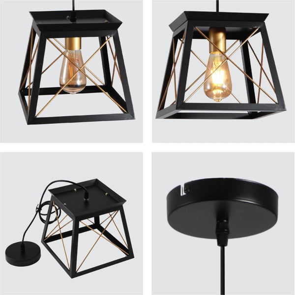 Black Gold Caged Industrial Retro Square Pendant Ceiling Light E27