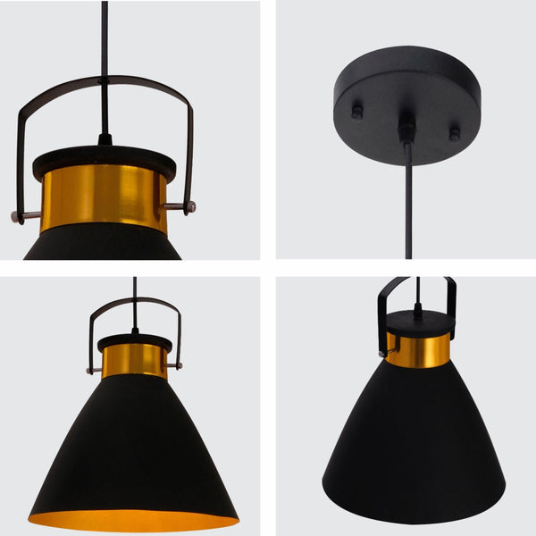 Loft Cafe Bar Counter Exhibition Hall Pub Aisle Black Gold Funnel Handled Metal Pendant Ceiling Light