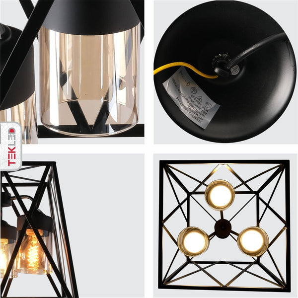 Black Metal Body Amber Cylinder Glass Cage Cuboid Chandelier Ceiling Light 3xE27