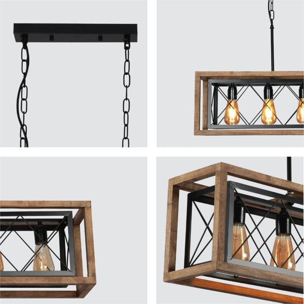 Black Metal Cage Old Wood Cuboid Kitchen Island Chandelier Ceiling Light 5xE27