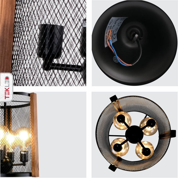 Black Metal Wood Cylinder Cage Pendant Ceiling Light E27