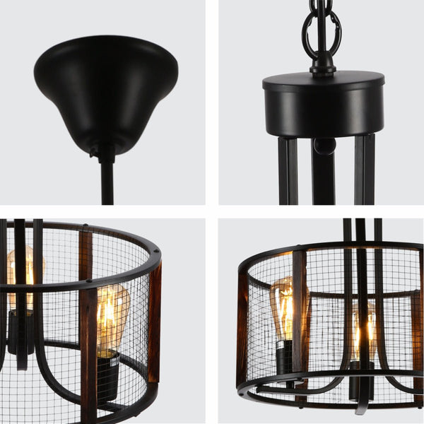 Black Metal Natural Wood Cylinder Cage Pendant Ceiling Light 3xE27