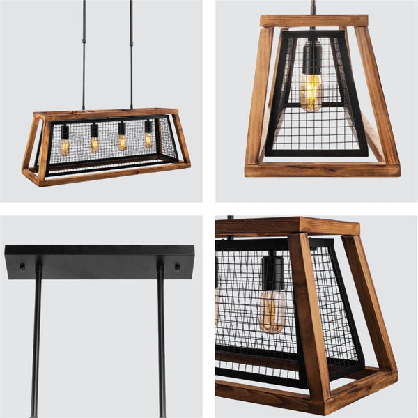 Black Metal Old Wood Cuboid Island Chandelier Ceiling Light 4xE27