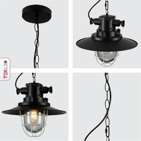 Black Nautical Industrial Caged Flat Shade Glass Metal Ceiling Pendant Light E27 Fitting