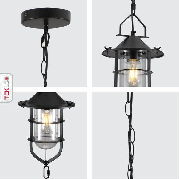 Black Nautical Industrial Caged Flat Shade Small Glass Metal Ceiling Pendant Light E27 Fitting