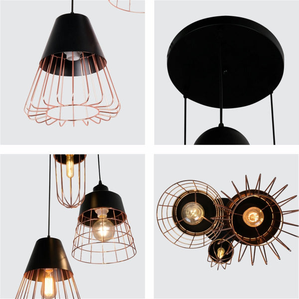 Black Top Rose Gold Metal Cage Mix Pendant Ceiling Light 3xE27