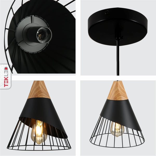 Black Wood Funnel Cone Caged Shuttlecock Nordic Metal Ceiling Pendant Light E27 Fitting