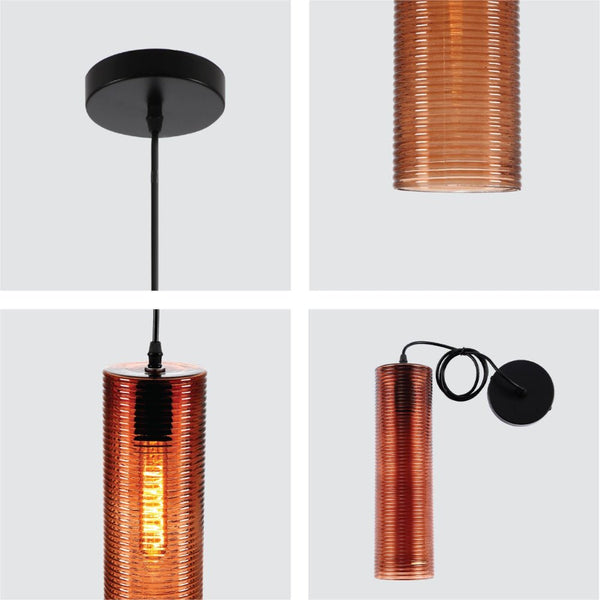 Brown-Silver-Amber Reeded Cylinder Glass Pendant Light E27 Fitting