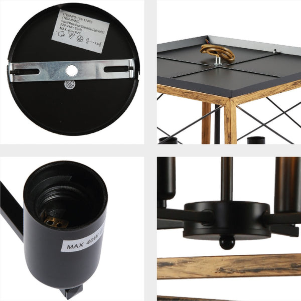 Wood And Black Caged Candle Industrial Kitchen Island Retro Square Pendant Ceiling Light 4xE27