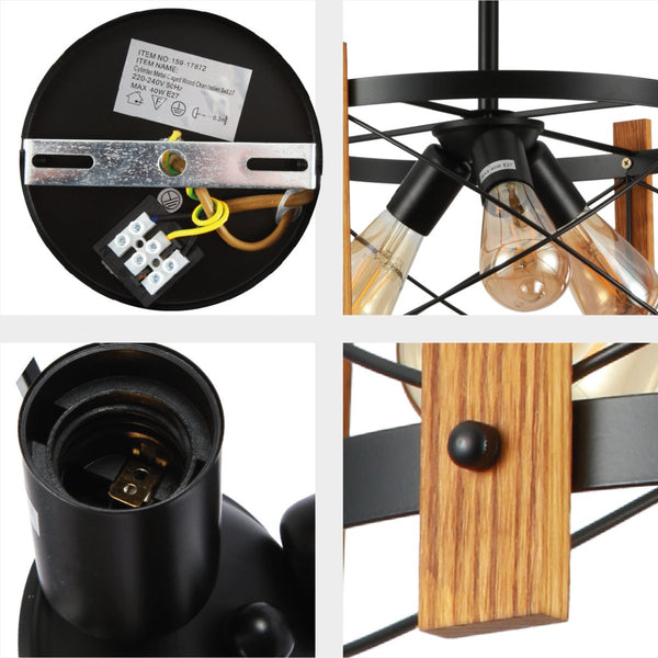 Caged Candle Industrial Retro Round Pendant Ceiling Light 3xE27 Wood Black Finishing