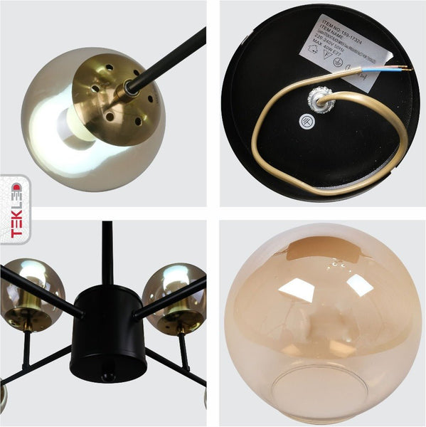 Stilnovo Amber or Opal Glass Globe Modern Sputnik Chandelier Ceiling Light E27