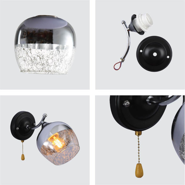 Black-Chrome | White Metal Partial Mirror Cone Glass Wall Light E27 Pull Down Switch