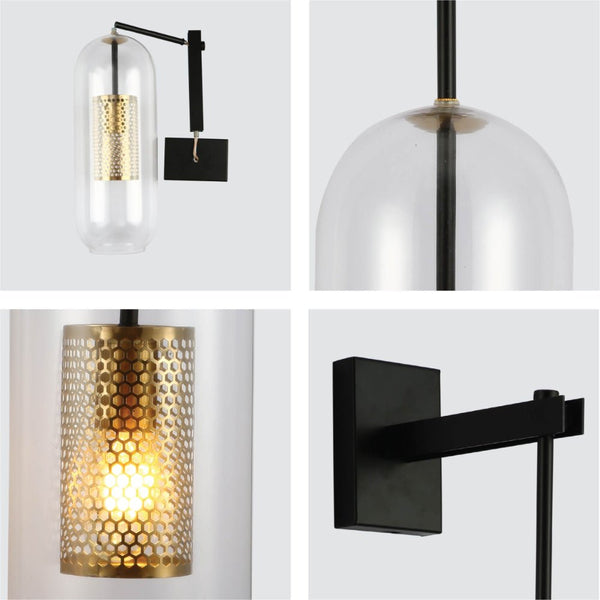 Clear Cylinder Glass Gold Cage Black Body Wall Light E27 Fitting