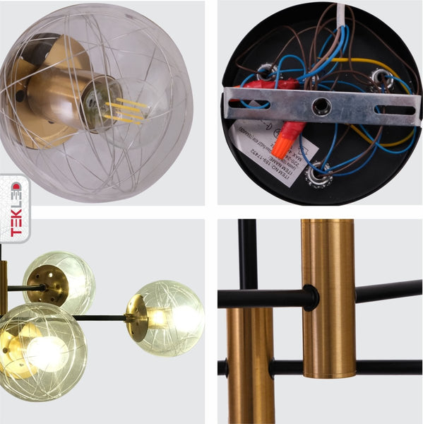 Opal Clear Amber Glass Globe Gold and Black Metal Semi Flush Ceiling Light E27