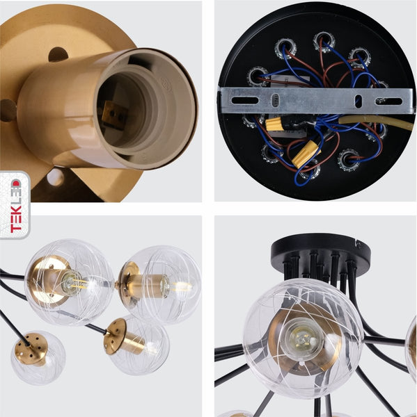 Clear Globe Glass Black Metal Semi Flush Ceiling Light E27