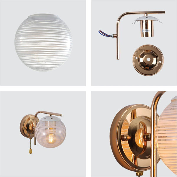 Clear Textured Globe Gold Wall Light E27 Pull Down Switch