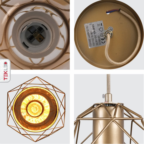 Smoky or Copper Glass Dome Black or Gold Metal Cage Pendant Ceiling Light E27