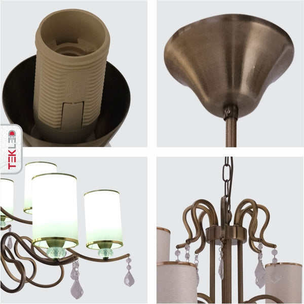 Cream Shade Antique Brass Metal Arm Ceiling Chandelier Light with Pendeloque Crystals E14