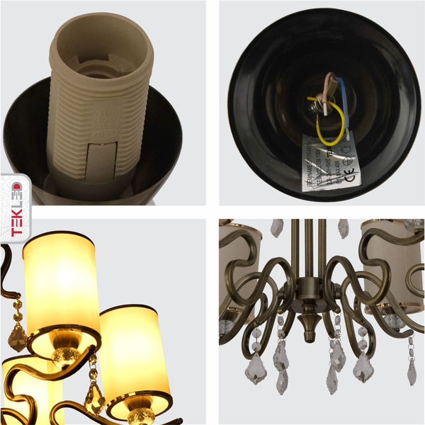 Cream Shade Antique Brass Metal Arm Ceiling Chandelier Light with Pendeloque Crystals E14