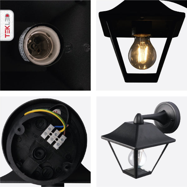 Downward Cottage Style Outdoor Wall Lamp Matt Black Clear Glass E27